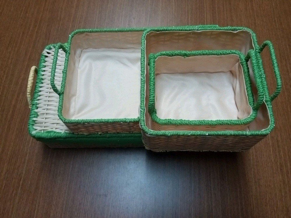 3-Piece Rectangular Scalloped Hyacinth Wicker Storage Basket Set, Green Trim