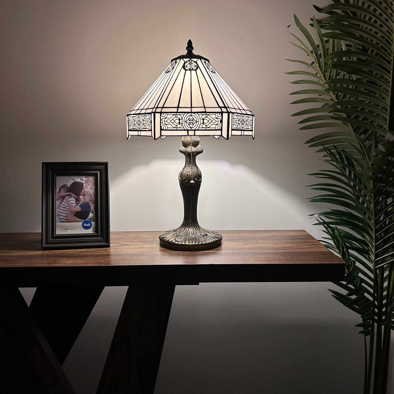 Tiffany Style Table Lamp White Stained Glass Hexagon Included LED Bulb 19"H*12"W gallery