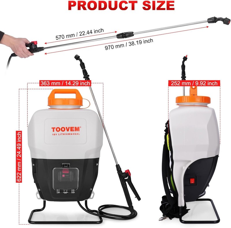Toovem Powered Backpack Sprayer 4 Gallon w/ 18V Strong Battery - 4 Spray Nozzles gallery