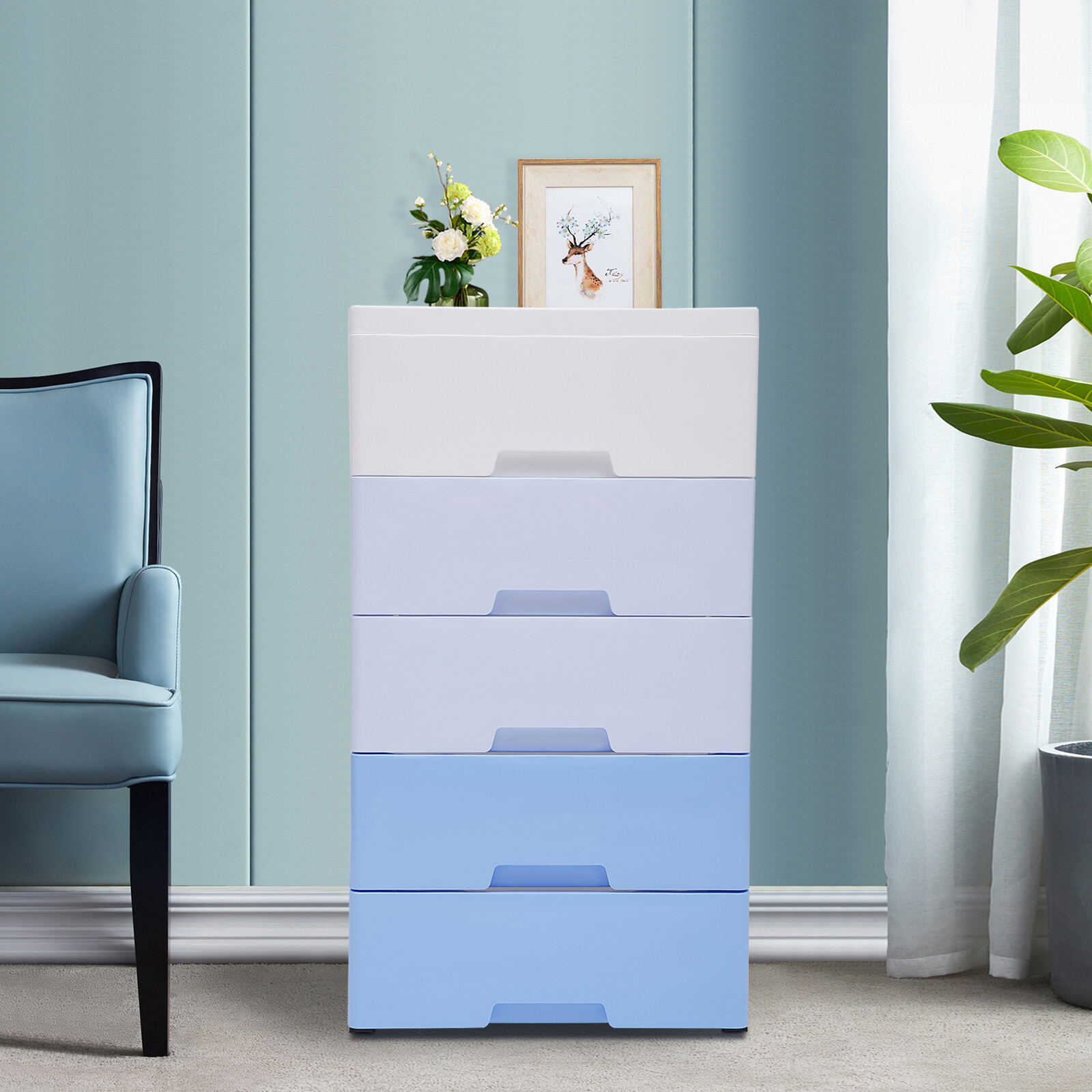 5 Drawers Storage Closet Drawers Cabinet PP Drawers Dresser Bedroom Cabinet Blue gallery