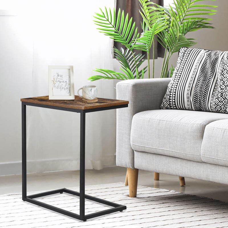 C Shaped End Table Under Sofa Tray for Snack Laptop TV Dinner Rustic Brown Black gallery