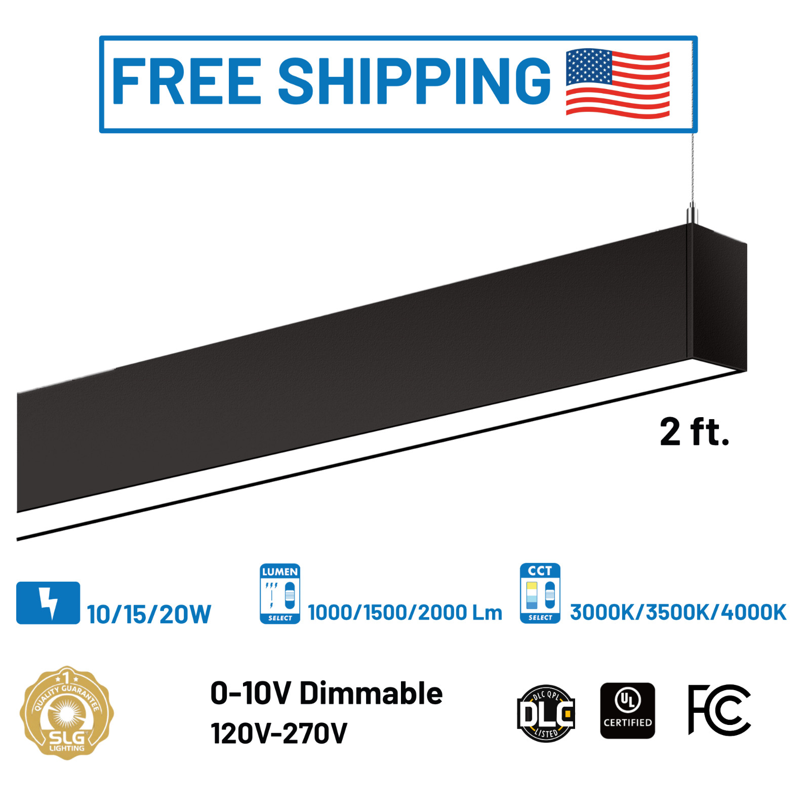 SLG 2ft 24in Modern Linear Architectural Light SEL 10/15/20W 30/35/40K BLK/WHT gallery