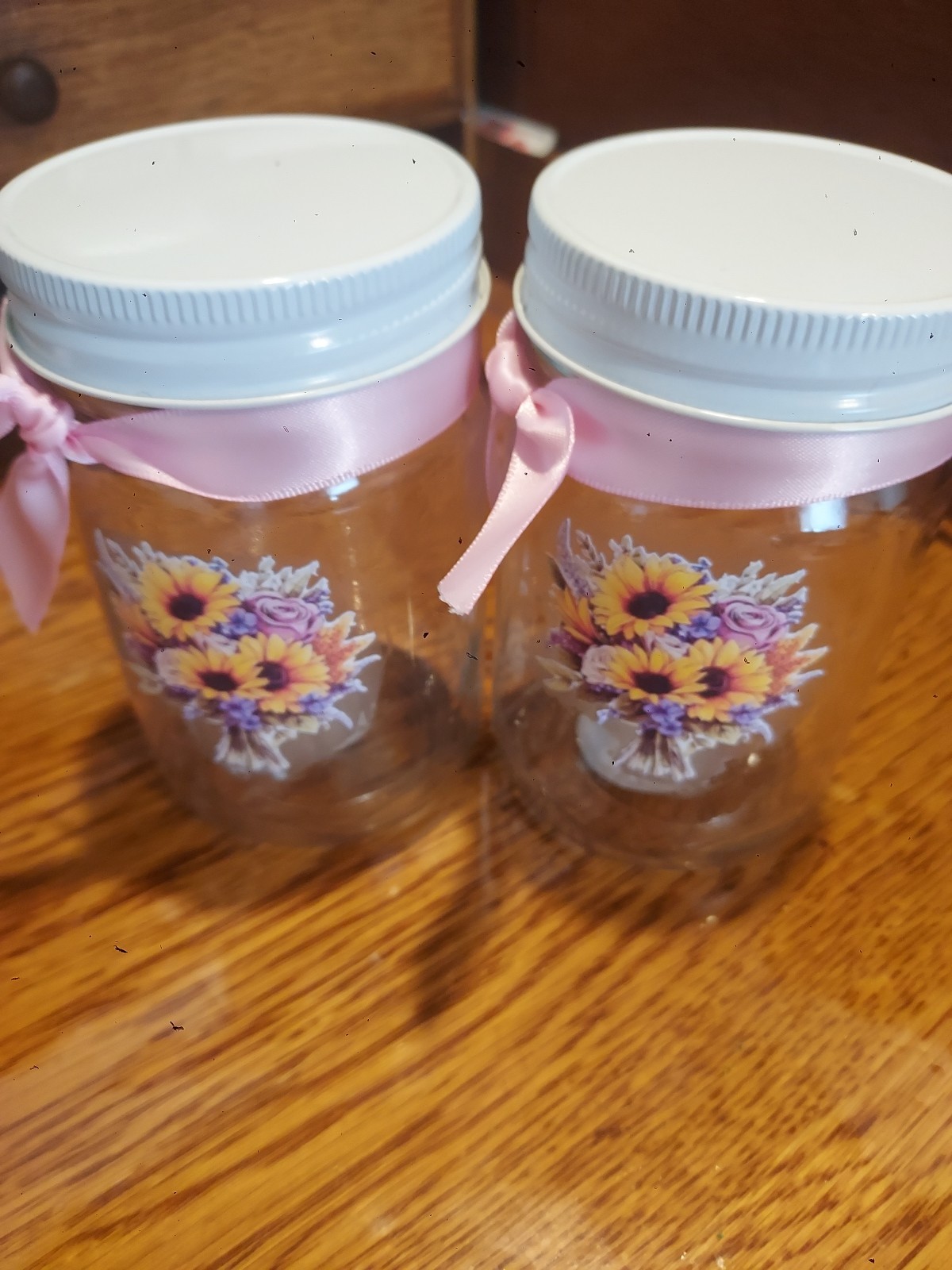 Jars With Lids Decorated Set Two Pint 16 oz sunflowers pink ribbon Storage gallery