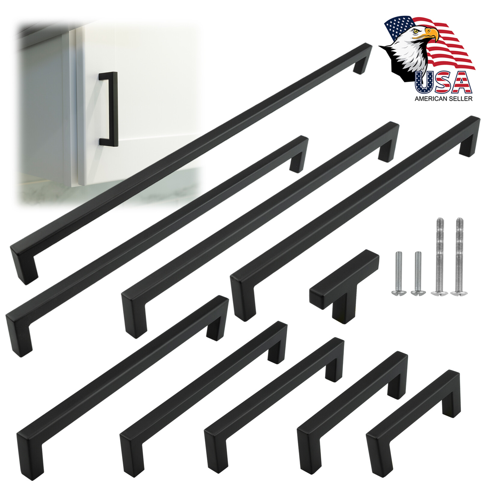 Matte Black Square Modern Cabinet Handles Pulls Kitchen Drawer Stainless Steel gallery