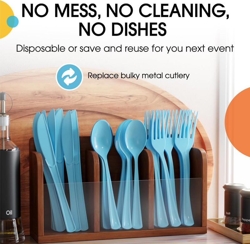 Party Solids Light Blue Plastic Silverware Heavy Duty 150 Pieces Light Blue Disp gallery