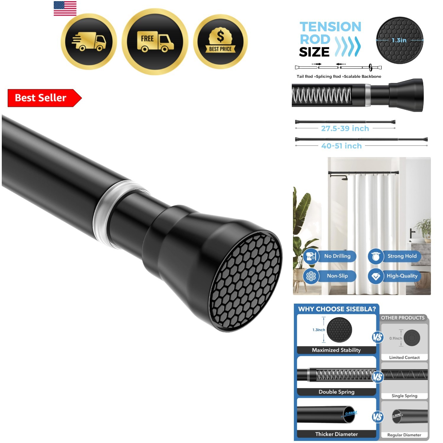 28-48 Inch Adjustable Stainless Steel Anti-Slip Spring Tension Small Shower C... gallery