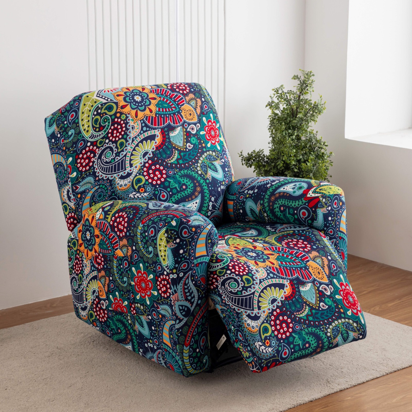 Printed stretch recliner cover, side pockets, home decor protection, stylish gallery