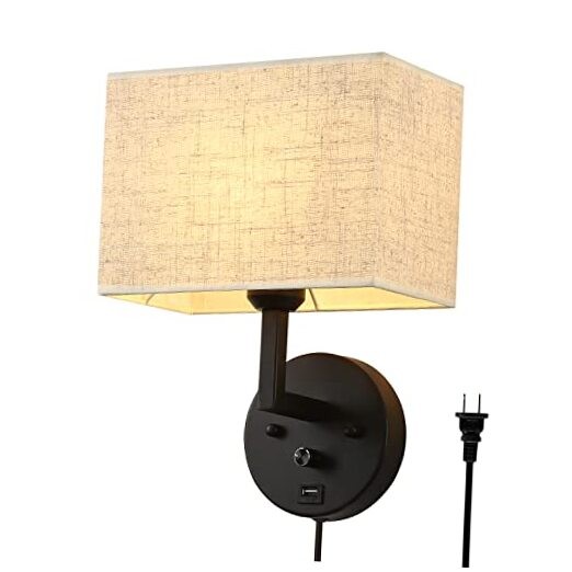Plug in Wall Sconce with Dimmer Switch and USB Port，9.5“Rectangular Linen Black gallery