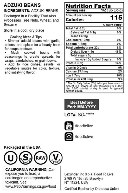 Adzuki Beans — Sproutable , Kosher, Raw, Vegan — by Food to Live gallery
