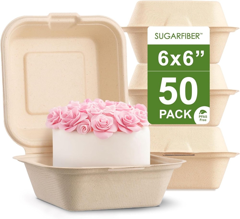 50 Count Compostable Take-Out Boxes, Square 6" Bagasse Clamshell
