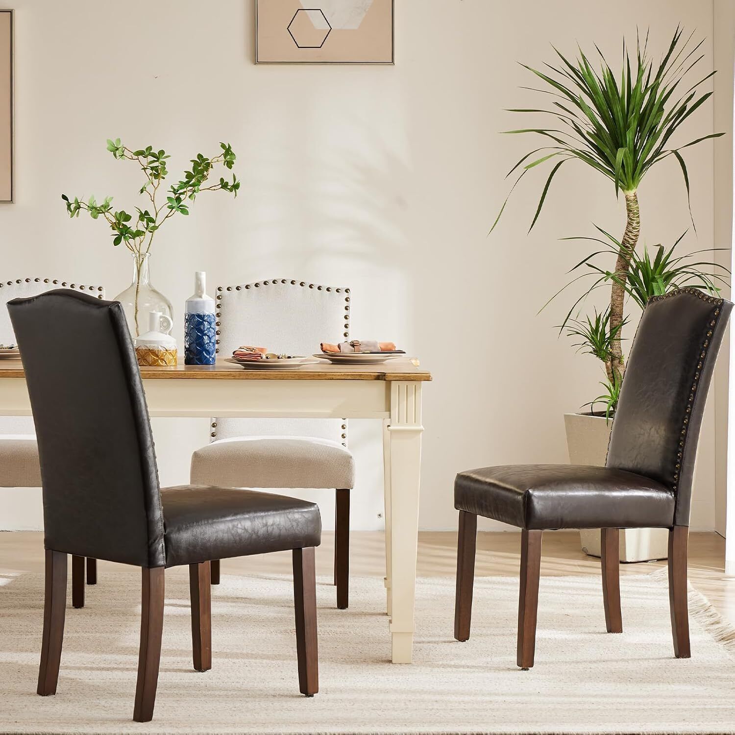 2PCS PU Leather Dining Chair Home Kitchen Chair Parsons Chair with Nailhead Trim gallery
