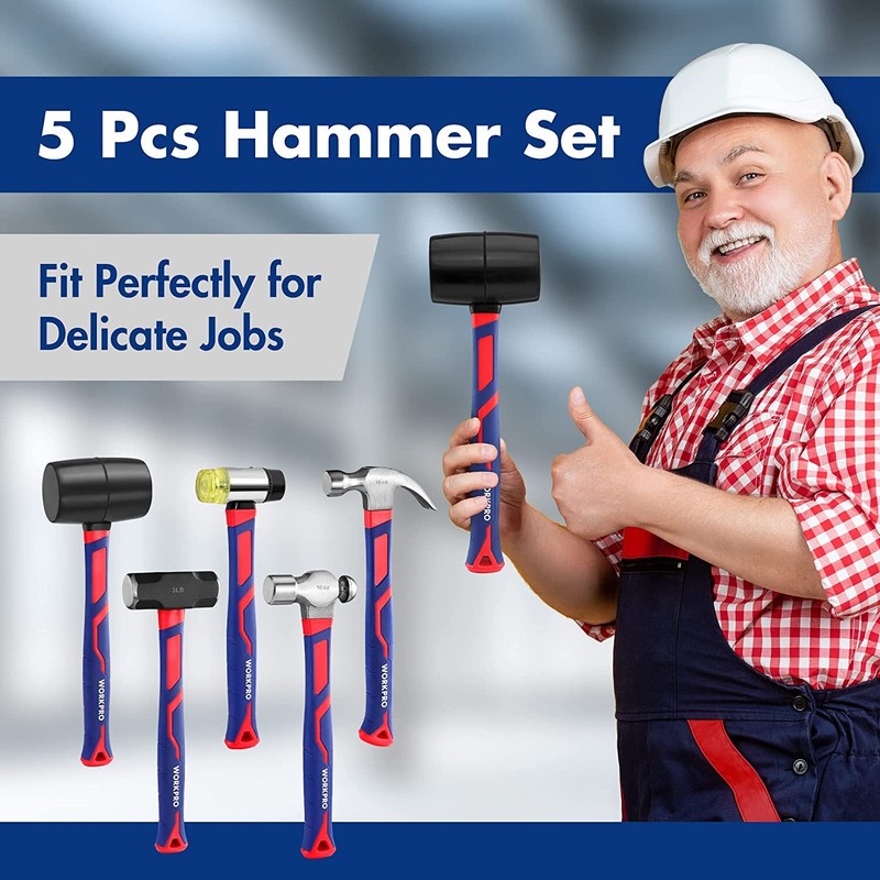 WORKPRO Hammer Set 5-PC 32oz Rubber Mallet 16oz Claw Hammer 3lb Sledge Hammer gallery