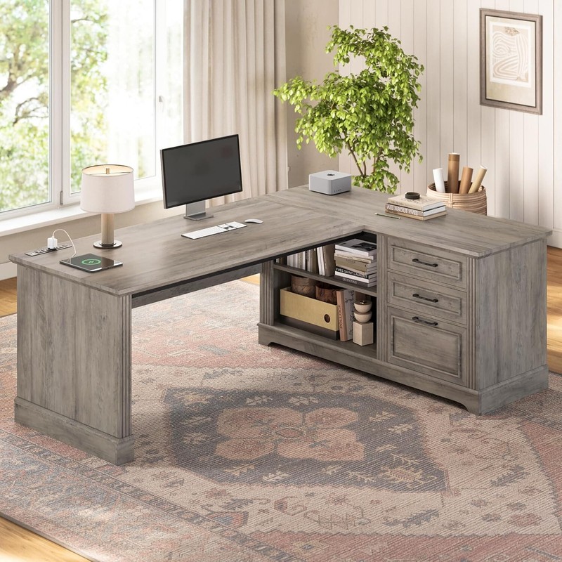 Farmhouse 61" Executive Computer Desk, L Shaped Office Desk with Storage Shelves gallery