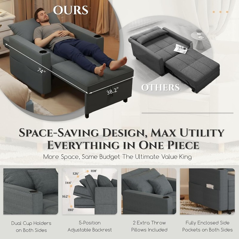3-in-1 Pull Out Single Sofa 38" Extra Wide Convertible Sleeper Chair Chair Bed gallery
