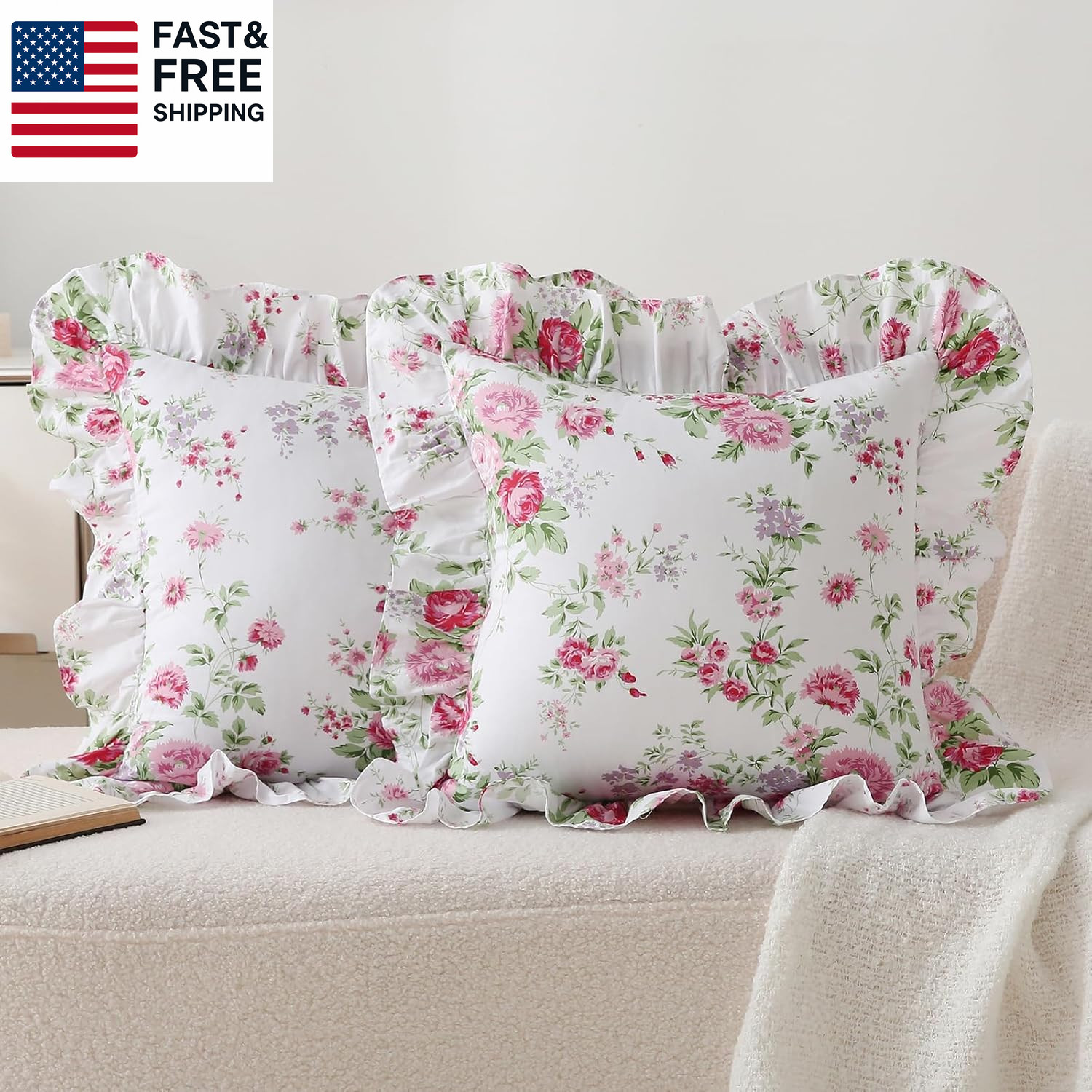 2 Pack Floral Ruffle Throw Pillow Covers 18X18 Inches, 100% Cotton French Countr gallery