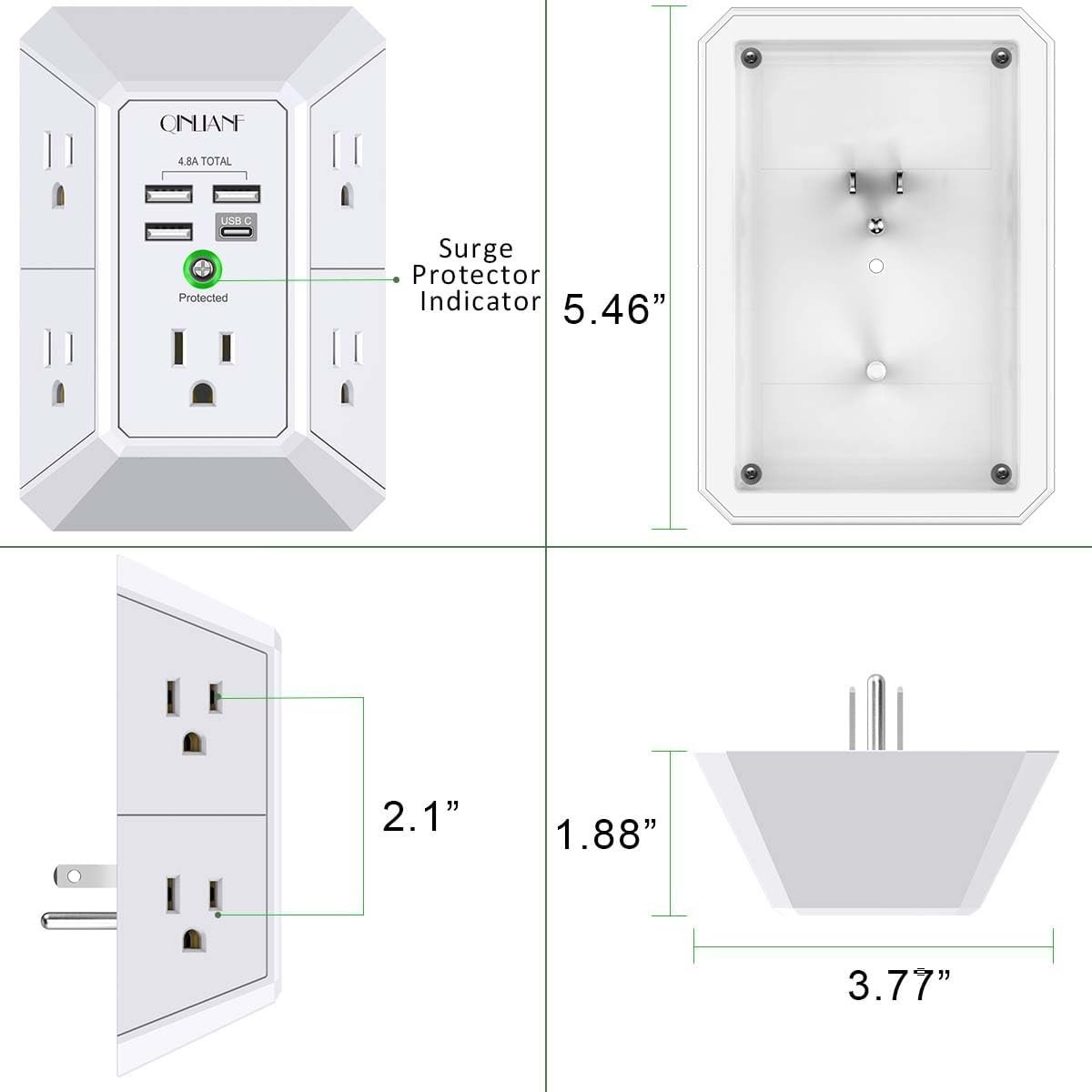 5-Outlet Wall Charger Surge Protector w/ 4 USB Ports 1680J Power Extender gallery