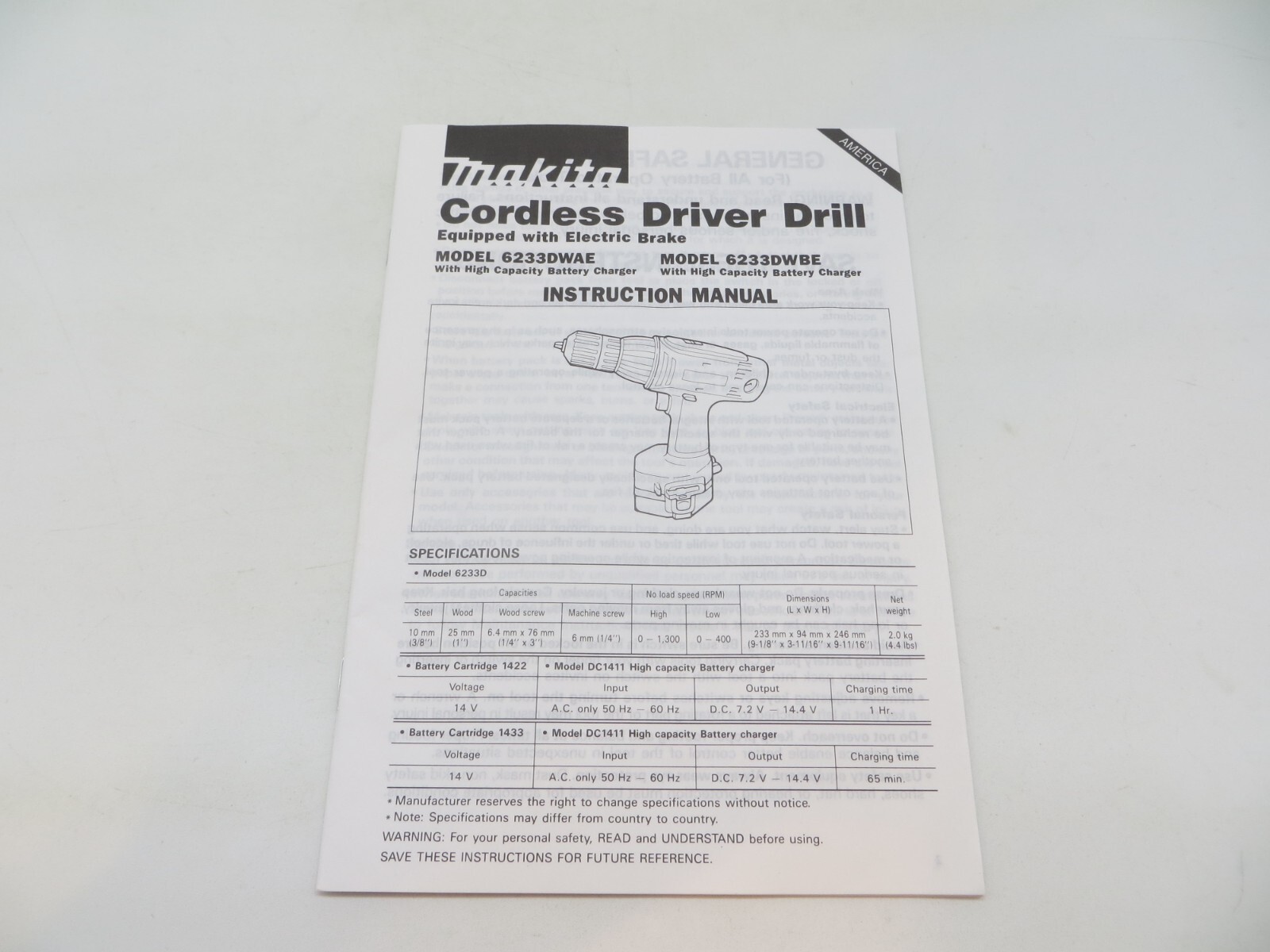 MAKITA Tool Instruction Manual Cordless Driver Drill Model 6233DWAE / 6233DWBE - gallery