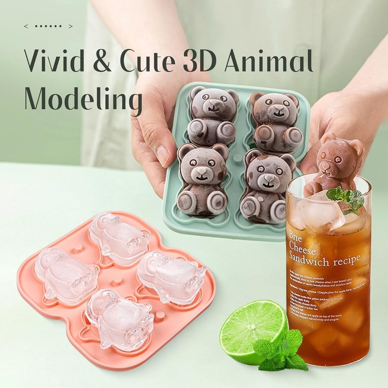 2 Pack Silicone Ice Cube Molds Fun Shapes 3D Animal Large Ice Cube Trays with gallery