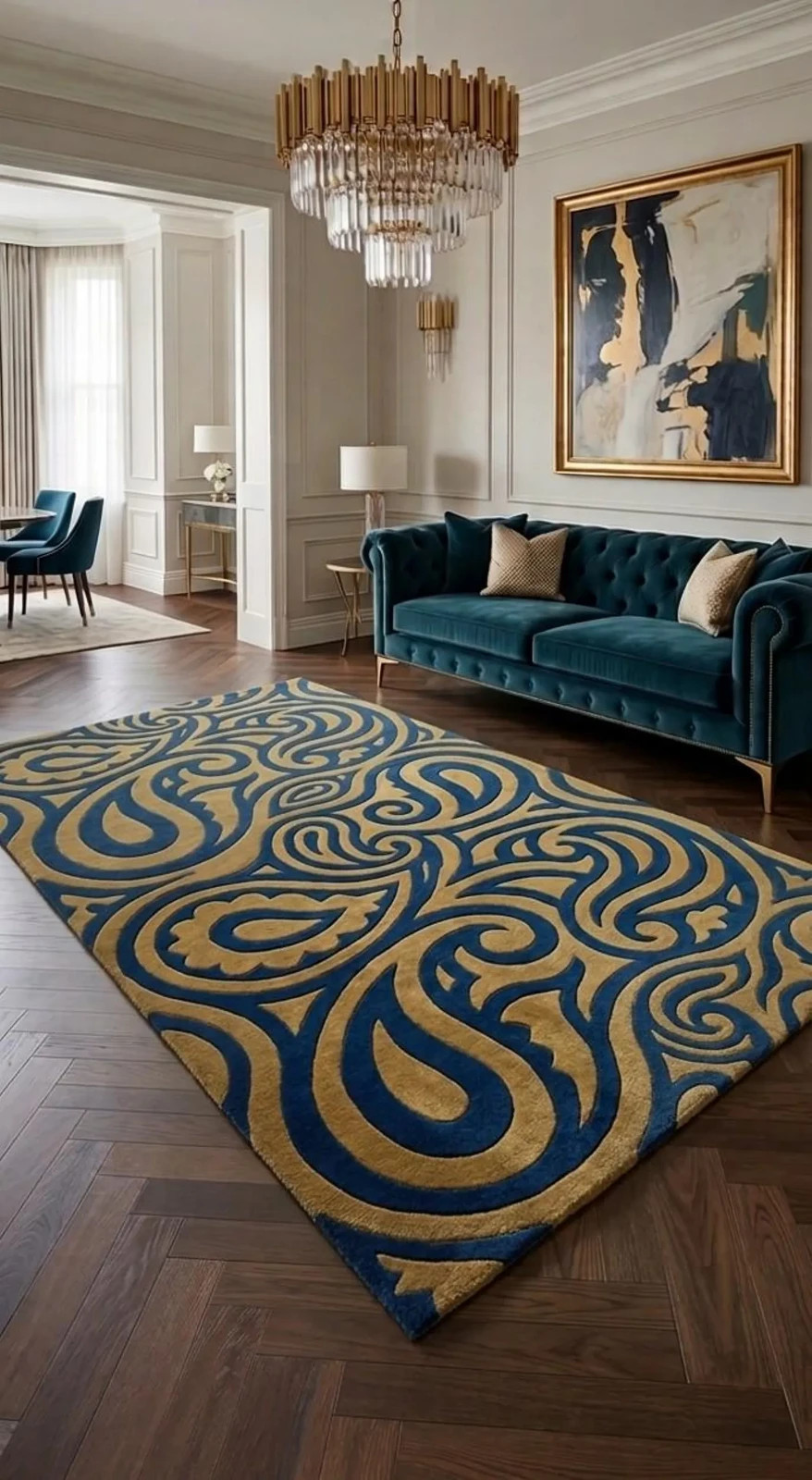 Luxury Blue Gold Hand Tufted Wool Rug, Modern Abstract Area Rug, Cut Pile Rug gallery