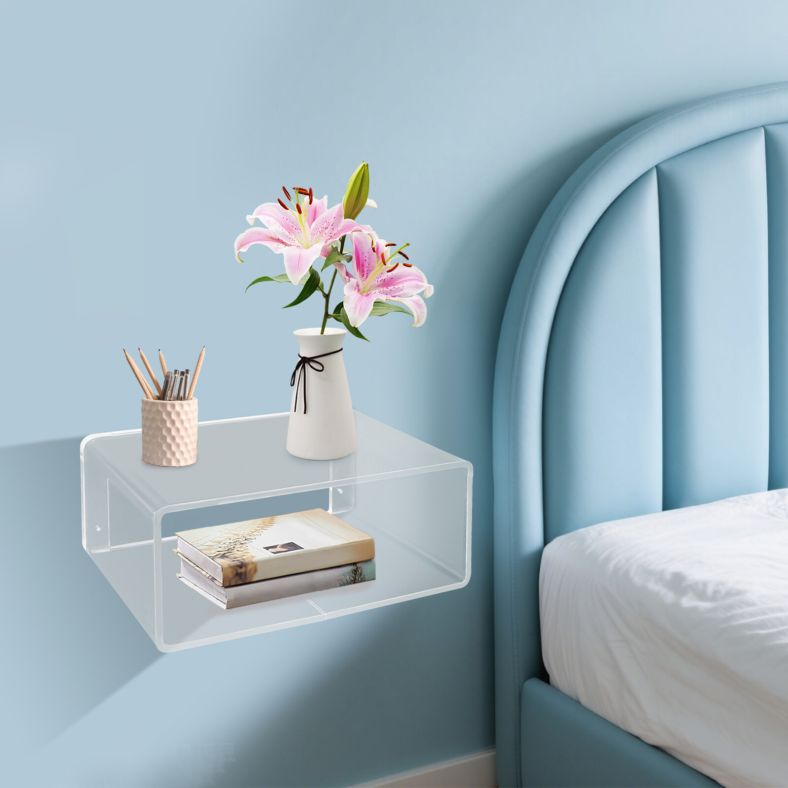 Wall-Mounted Bedside Table Acrylic Floating Nightstand No Assembly Required gallery