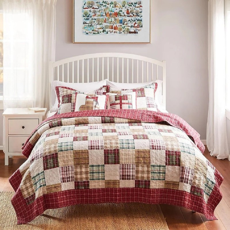 Quilt Set King Red Tan Patchwork Cotton Plaid Reversible Traditional Bedding gallery