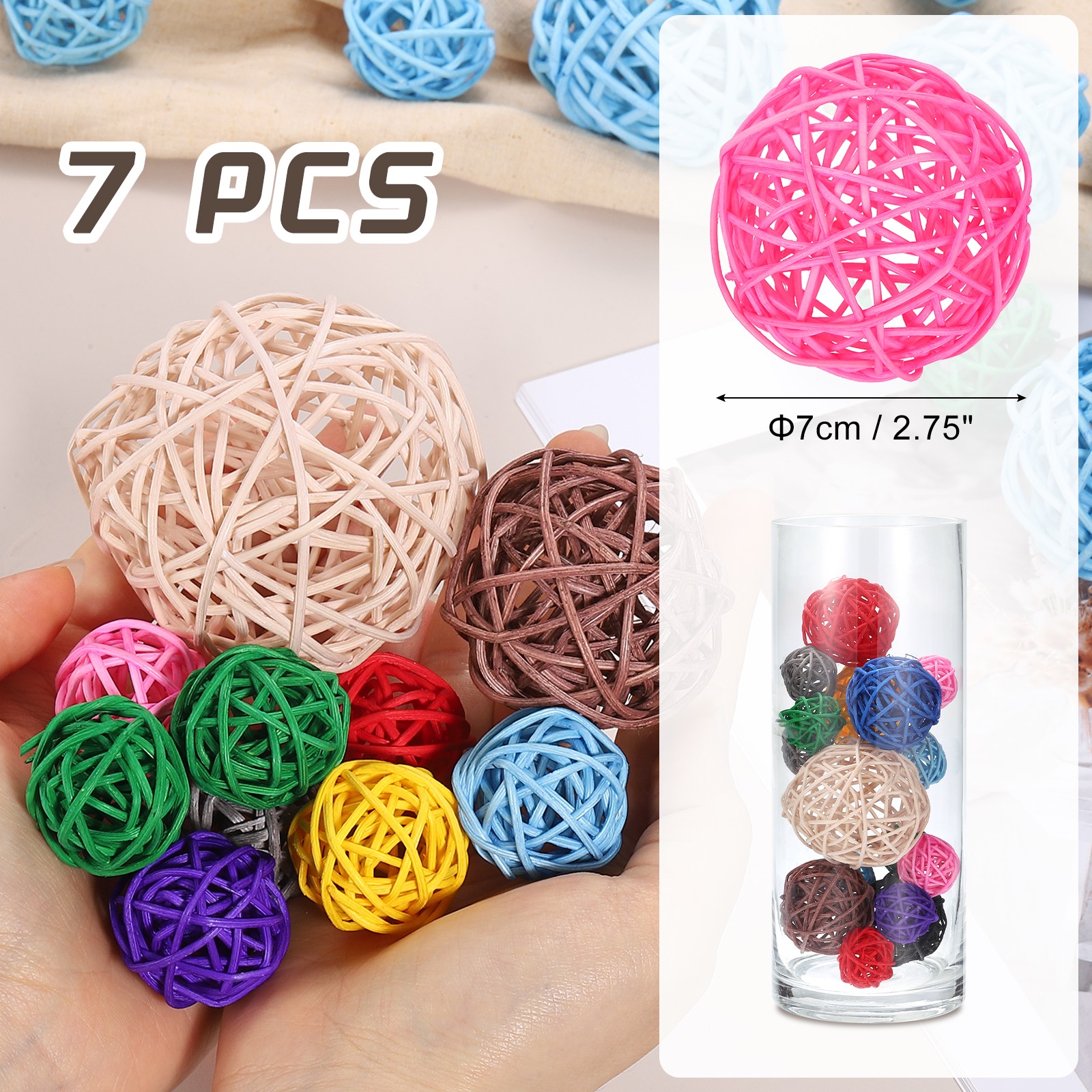 7Pcs Wicker Rattan Balls, 2.75 in Dia Rattan Decorative Balls, Pink gallery