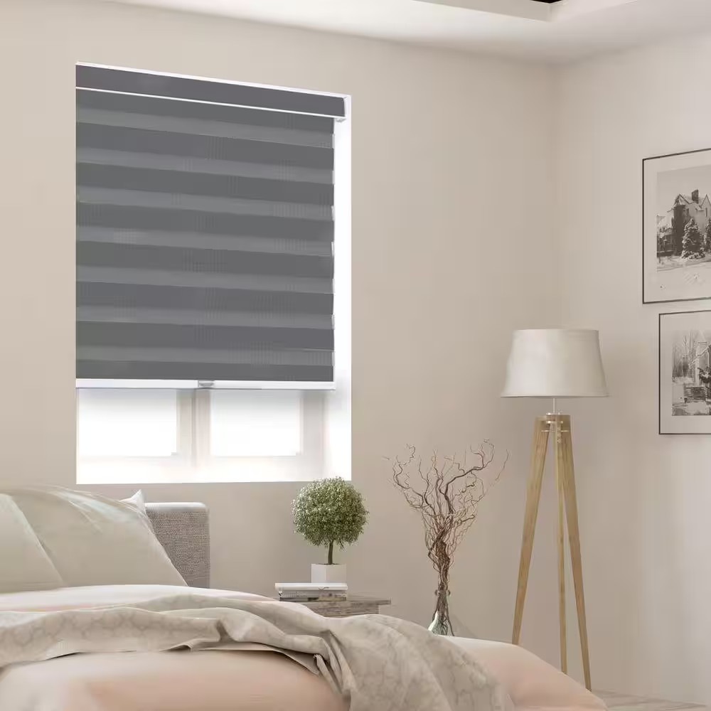 Gray Cordless Room Darkening Polyester Dual Layer Zebra Roller Shades-69 In. W X gallery