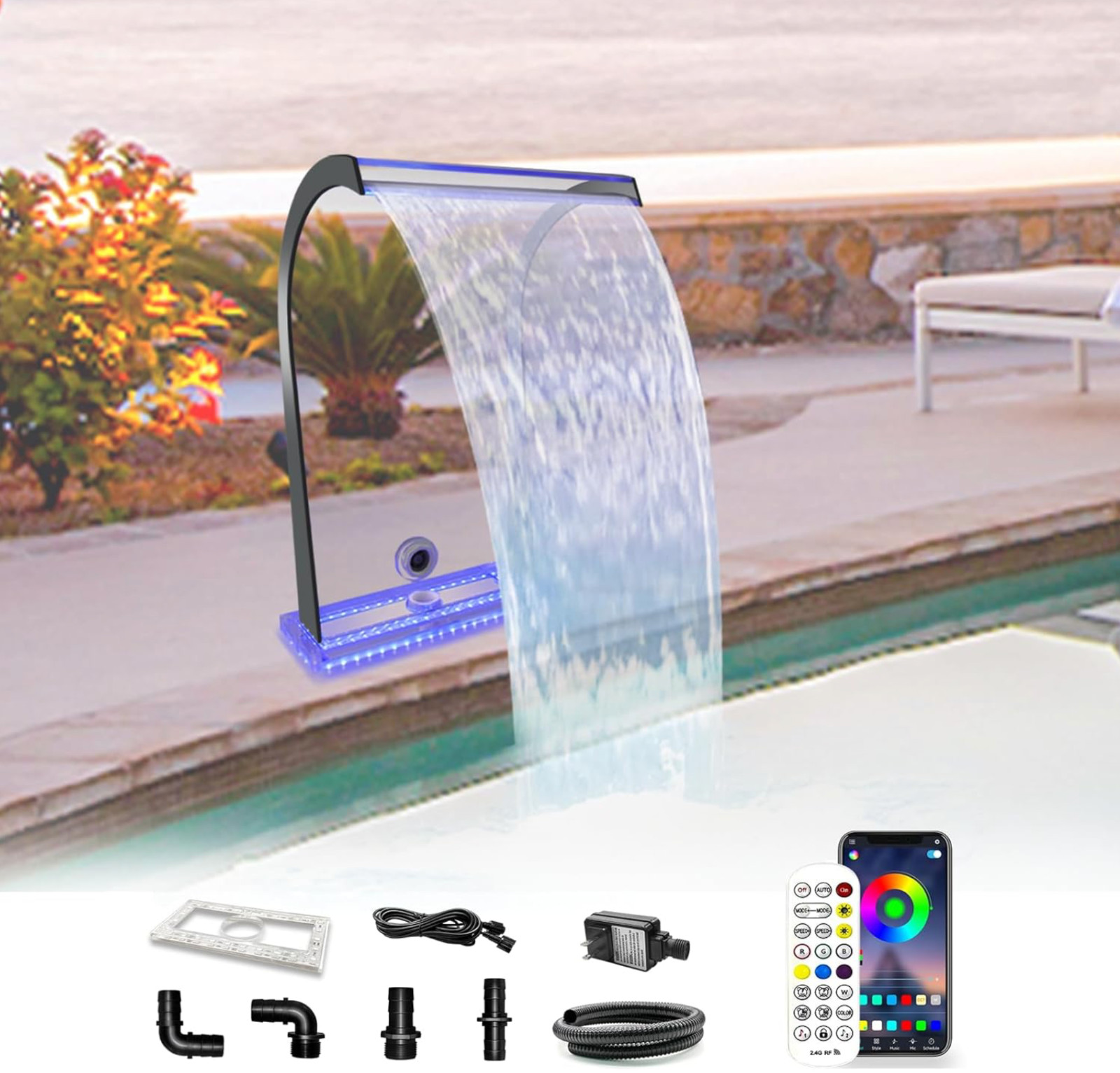 Waterfall Spillway Acrylic S-Shaped Pool Fountain with Color ChangingLED 20'' H gallery