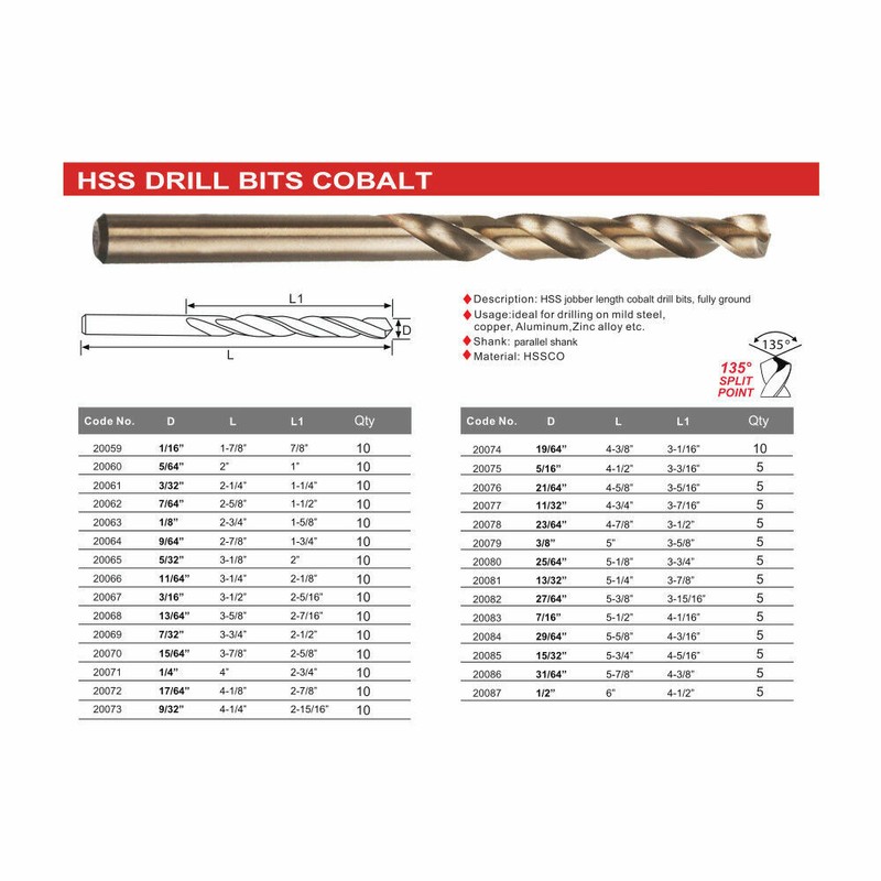 Drillforce 10PC 3/16" Cobalt Drill Bit Set HSS M35 Jobber Length Metal Drill Bit gallery
