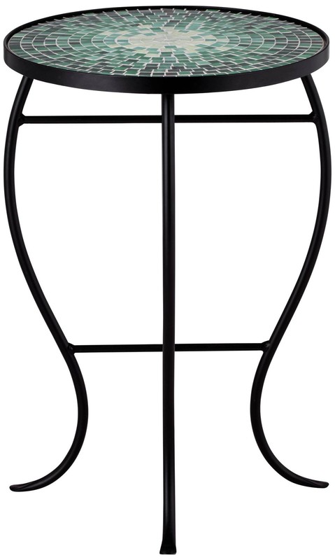 Modern Black Round Outdoor Accent Table 14" Wide Green Mosaic for Porch Patio gallery