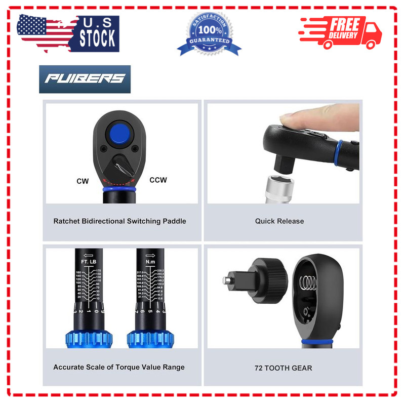 3pcs Torque Wrench Set 1/2 3/8 1/4in Click 10-170 ft lb gallery