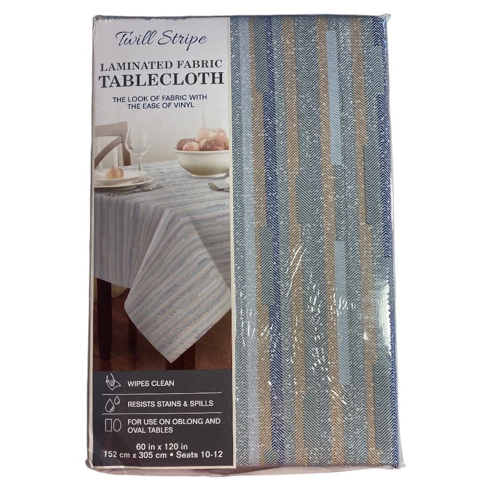 Twill Striped Laminated Fabric Dinner Table Tablecloth 60" x 120" Blue Tan NEW! gallery