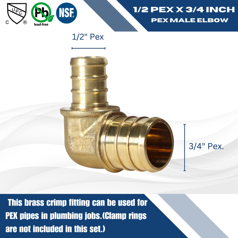10 PIECES 3/4" PEX X 1/2" PEX REDUCING ELBOW BRASS CRIMP FITTINGS LEAD FREE gallery