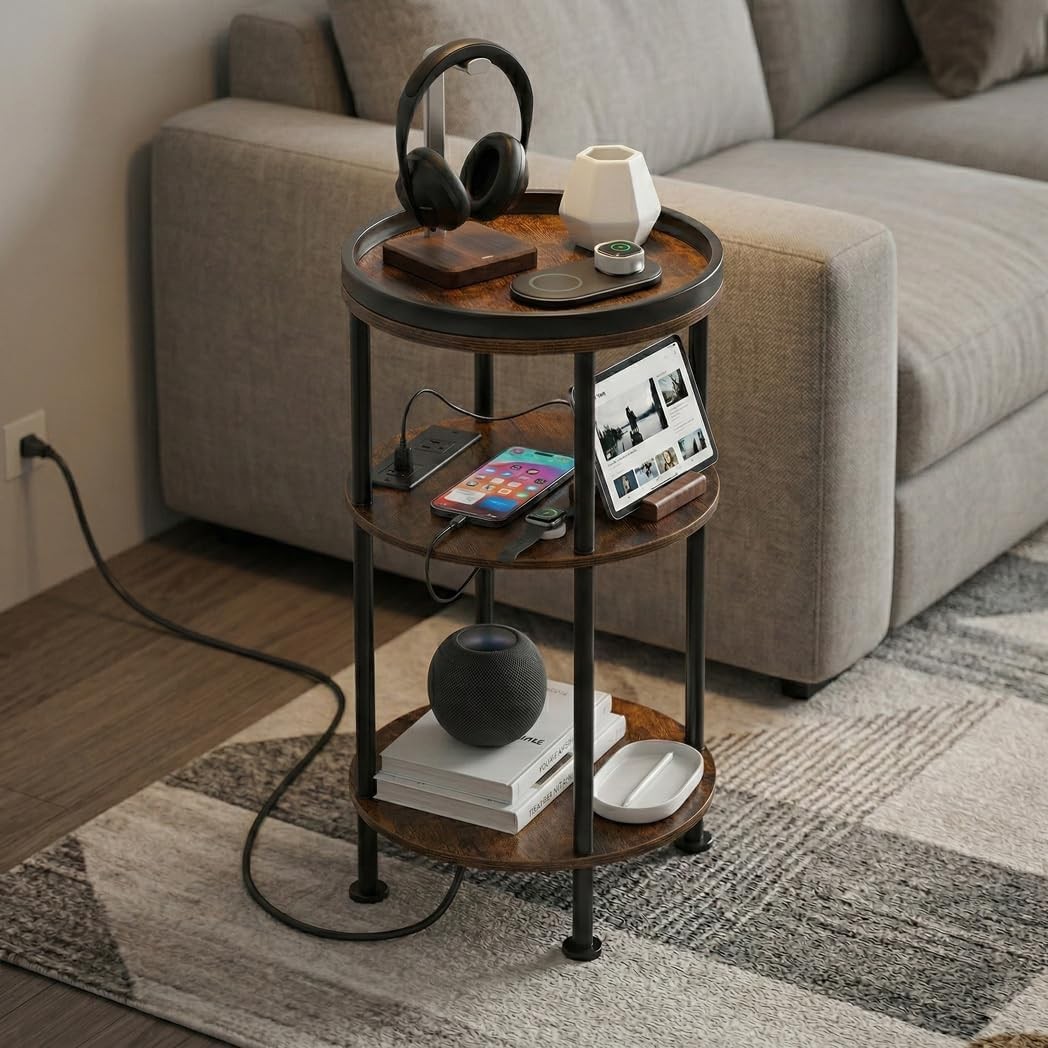 Small Round Side Table W/ Charging Station Small Spaces 3-Tier Round Accent gallery