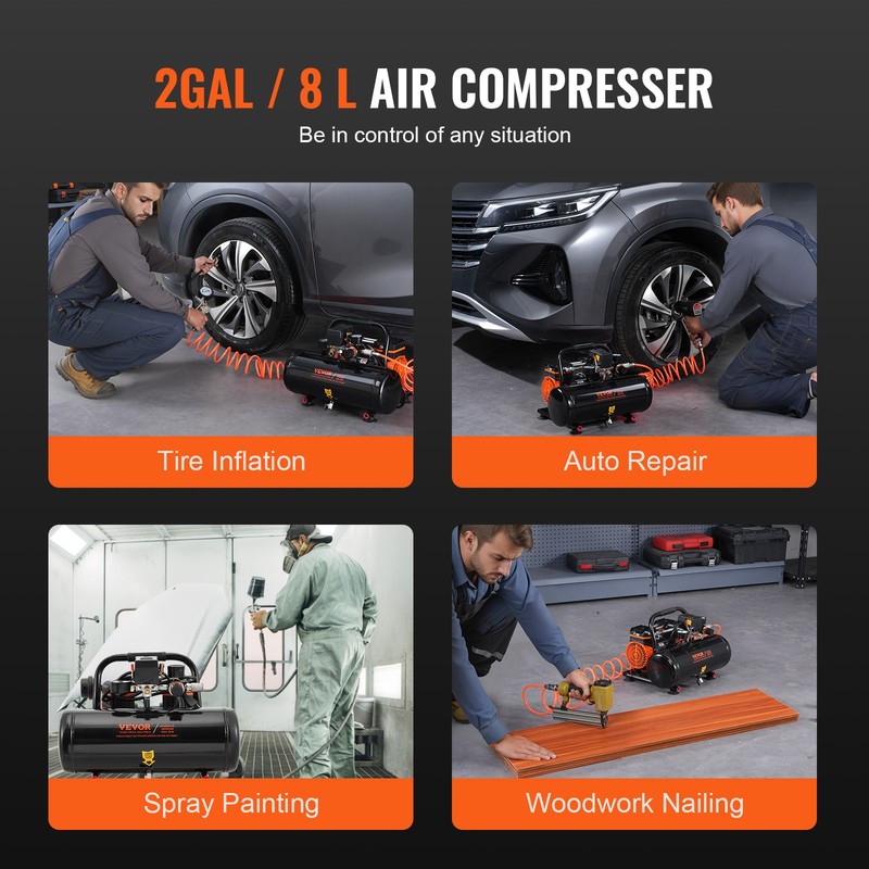 VEVOR Air Compressor Compact Portable Oil Free Compressor 2 Gallon 8bar gallery