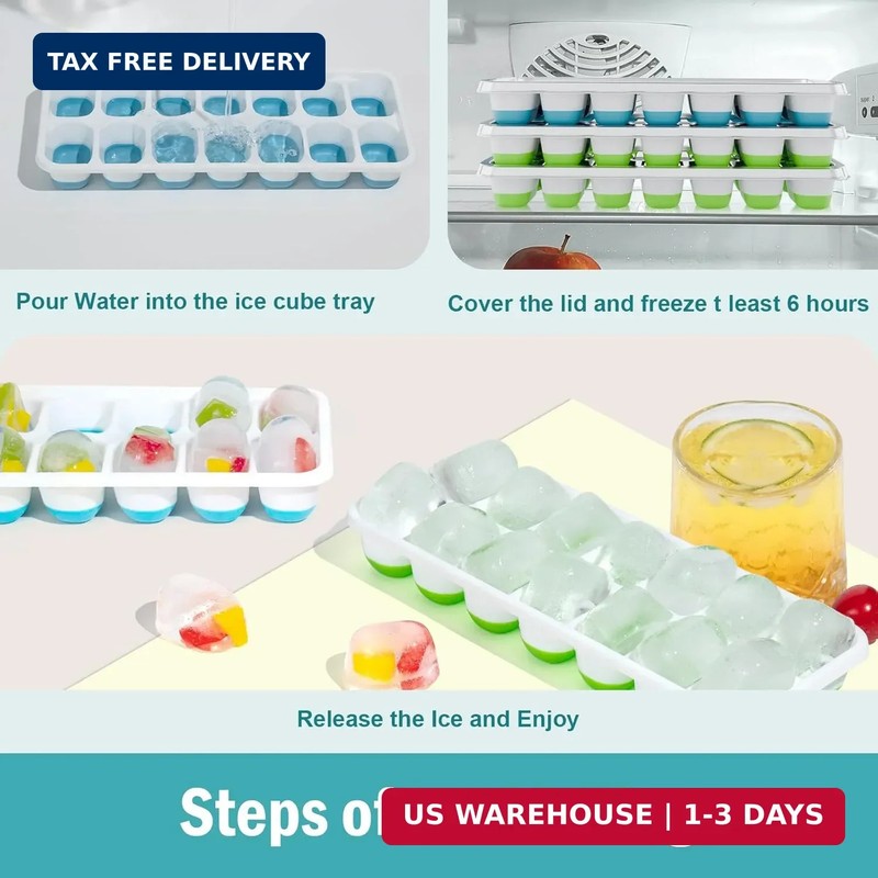 3 Pack Ice Cube Trays with Lids, Flexible Silicone Bottom for Easy Release, Stac gallery