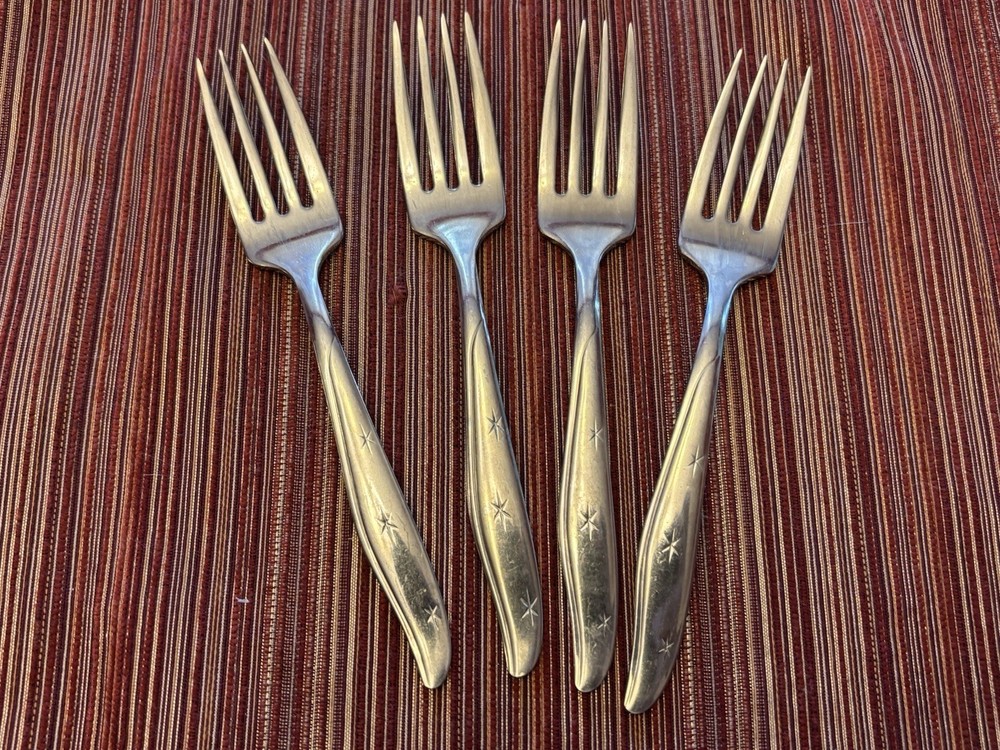 4 Mar-Crest Citation Stainless Atomic Starburst Flatware Vintage Salad Forks 6”