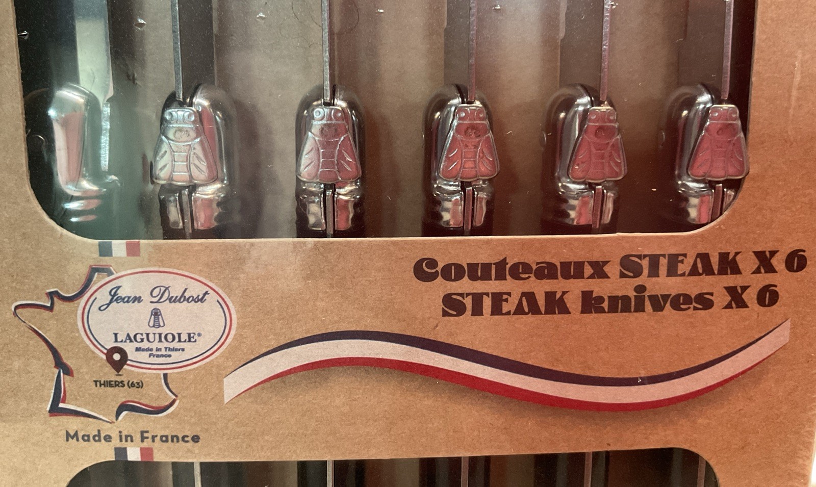 JEAN DUBOST LAGUIOLE (6) Serrated Bee Embellished Steak Knives Black Handle NIB gallery
