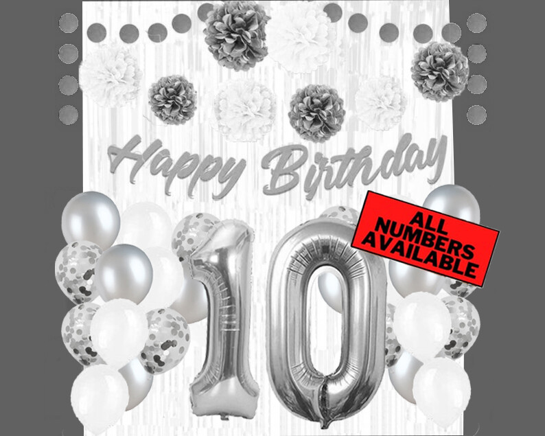 Silver & White 10th Birthday Decorations - 40" Number Balloons &More-Boy or Girl gallery