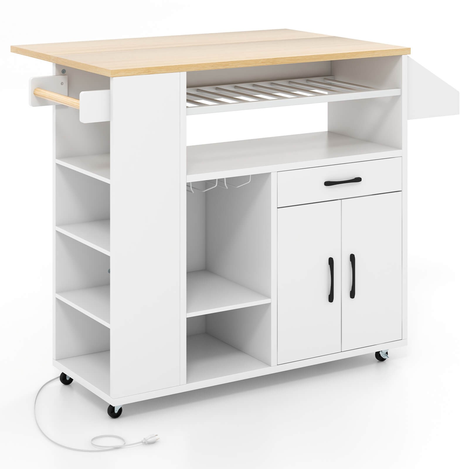 Drop-Leaf Kitchen Island Cart w/ Power Outlet Wine Rack Glass Holder Drawer gallery