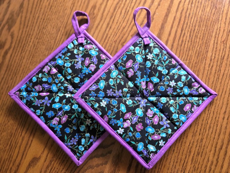 Handmade Hot Pads/Trivets - Amish Folded Star Thick - "Teal & Purple Flowers" gallery