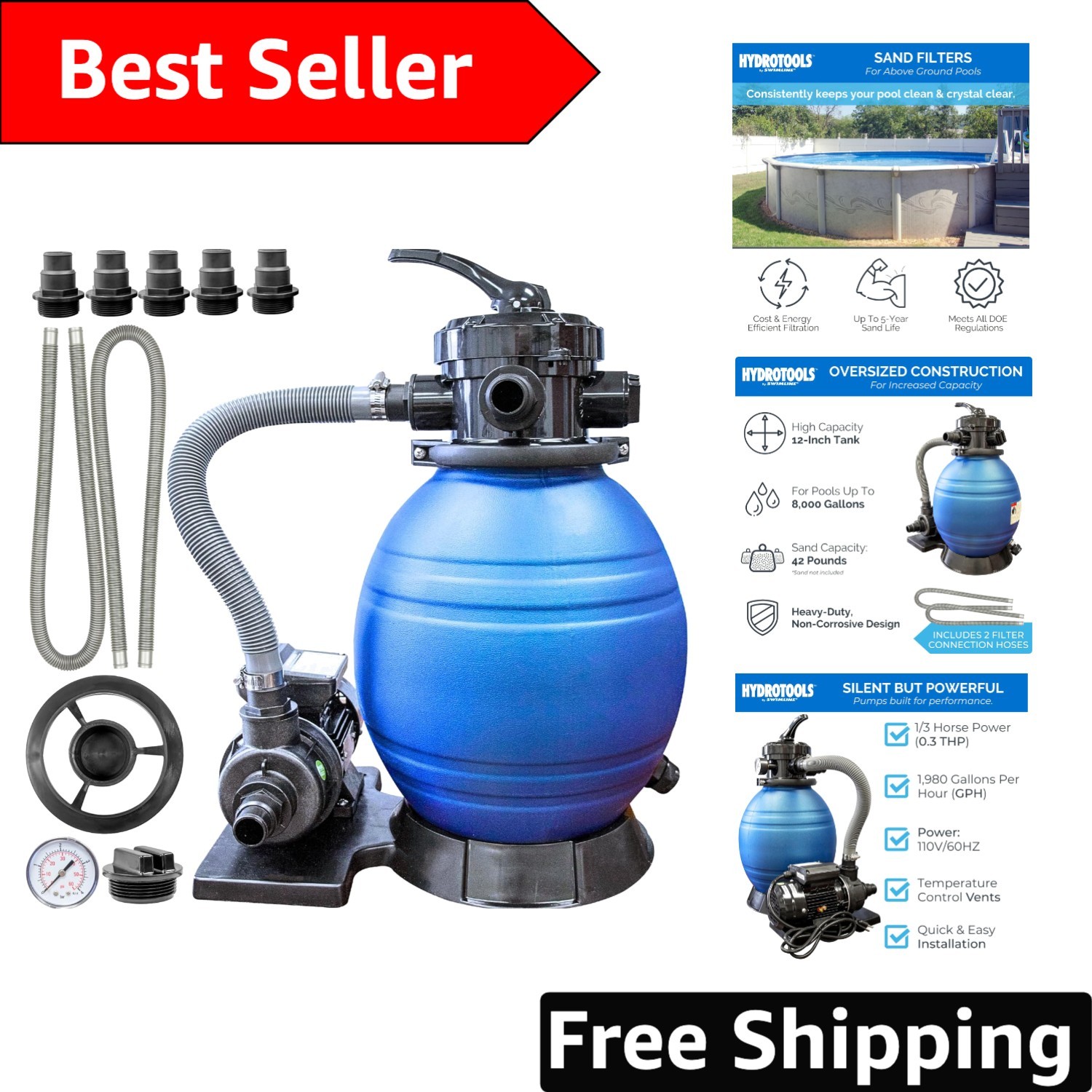 Efficient 12" Hydrotools Sand Filter with 1980 GPH Pump for Above-Ground Pools gallery