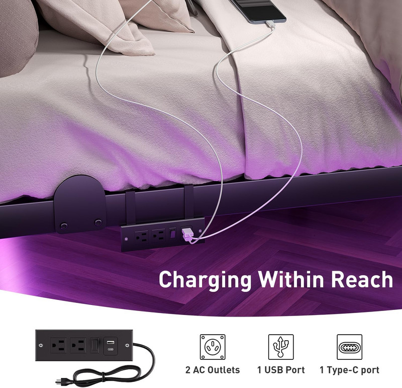 LED Floating Bed Frame with Charging Station, King Size, Easy Assembly gallery