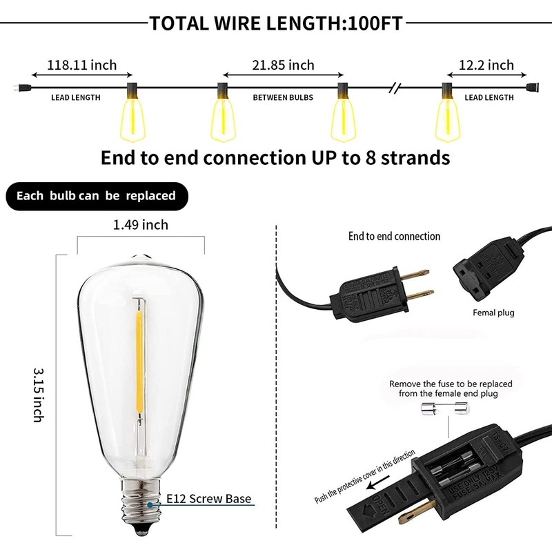 Outdoor String Lights 50ft LED ST38 Warm Edison String Lights Outdoor, US Ship gallery