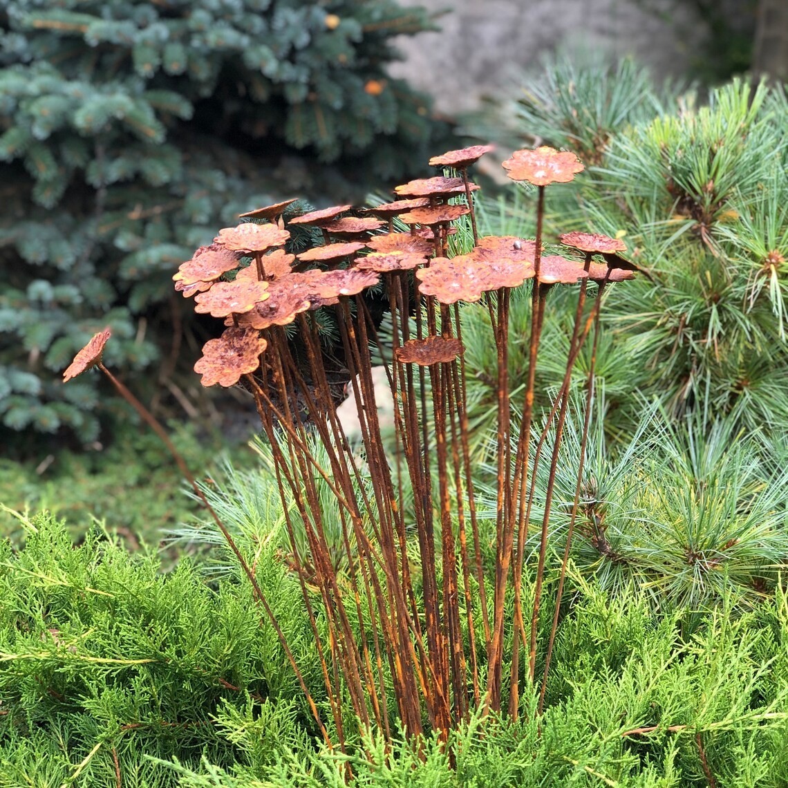 Rusty Metal Flower Garden Stakes, Set of 40, Outdoor Yard Art gallery
