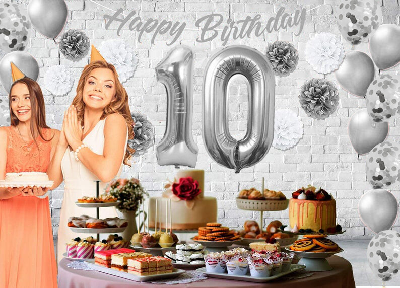 Silver & White 10th Birthday Decorations - 40" Number Balloons &More-Boy or Girl gallery