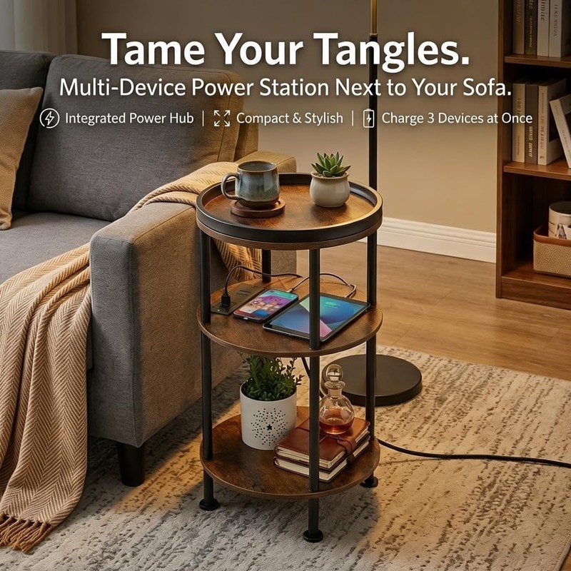 Small Round Side Table W/ Charging Station Small Spaces 3-Tier Round Accent gallery