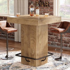 Square Bar Table Industrial Kitchen Pub Table with Metal Footrest for Home Bar