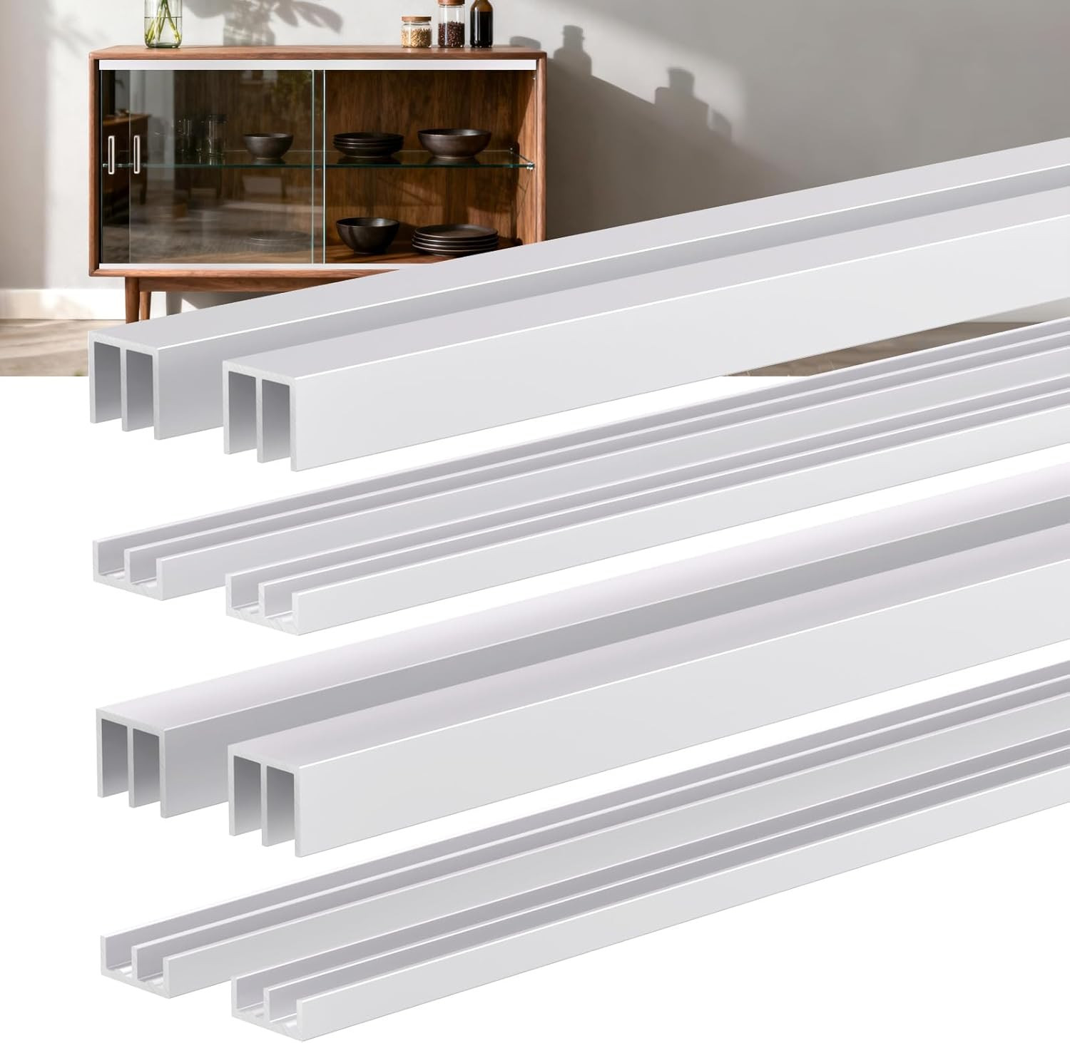 4FT Aluminum Sliding Door Track Set for Glass & Cabinet Doors - Silver Finish gallery