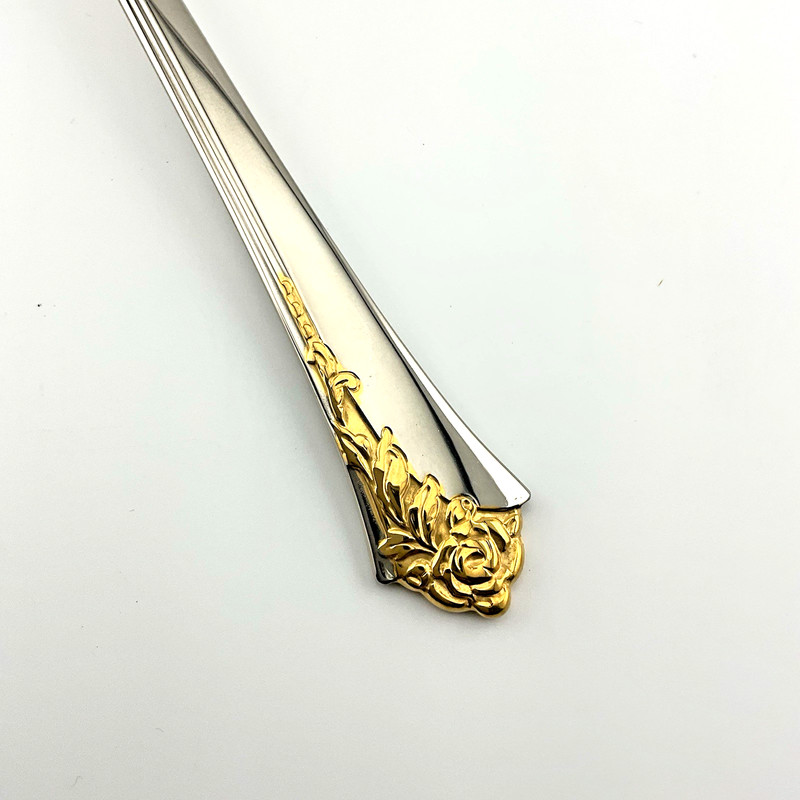 Oneida Stainless Cube Golden Damask Rose Solid Serving Spoon Glossy 8.5 in gallery